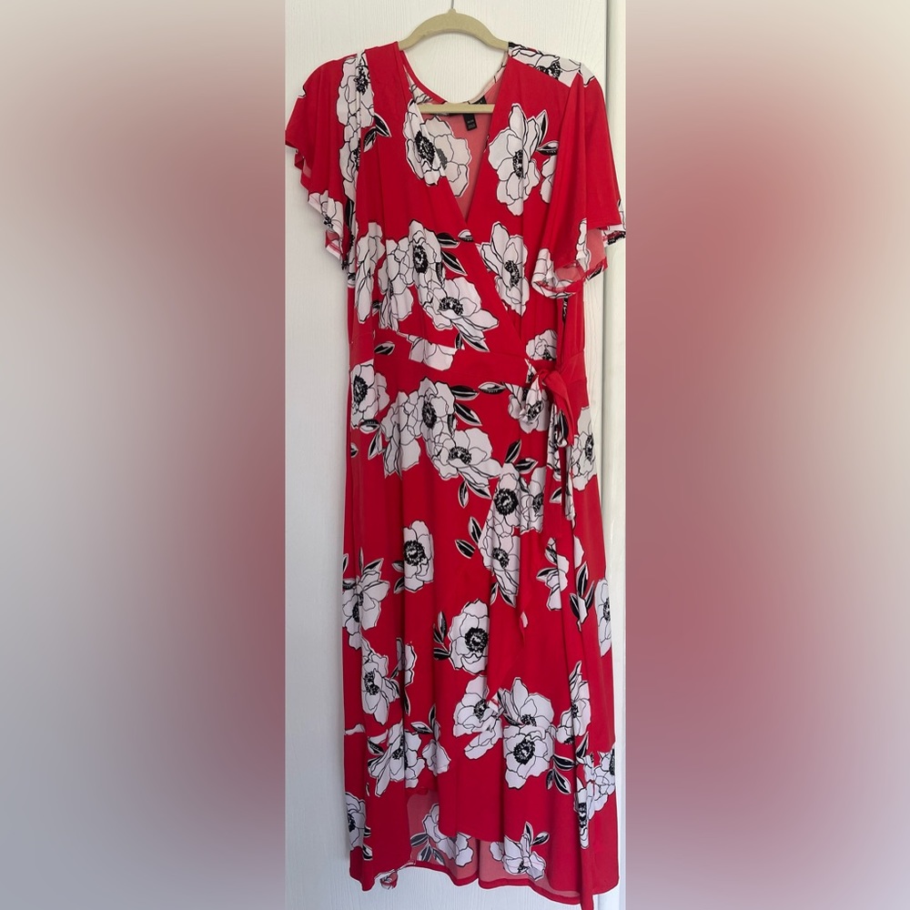 red floral wrap midi dress